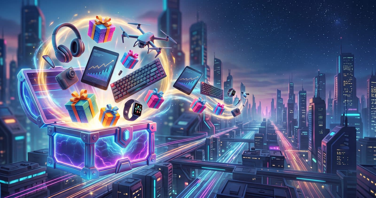 Neon deal chest bursting open over a cyberpunk city at dusk